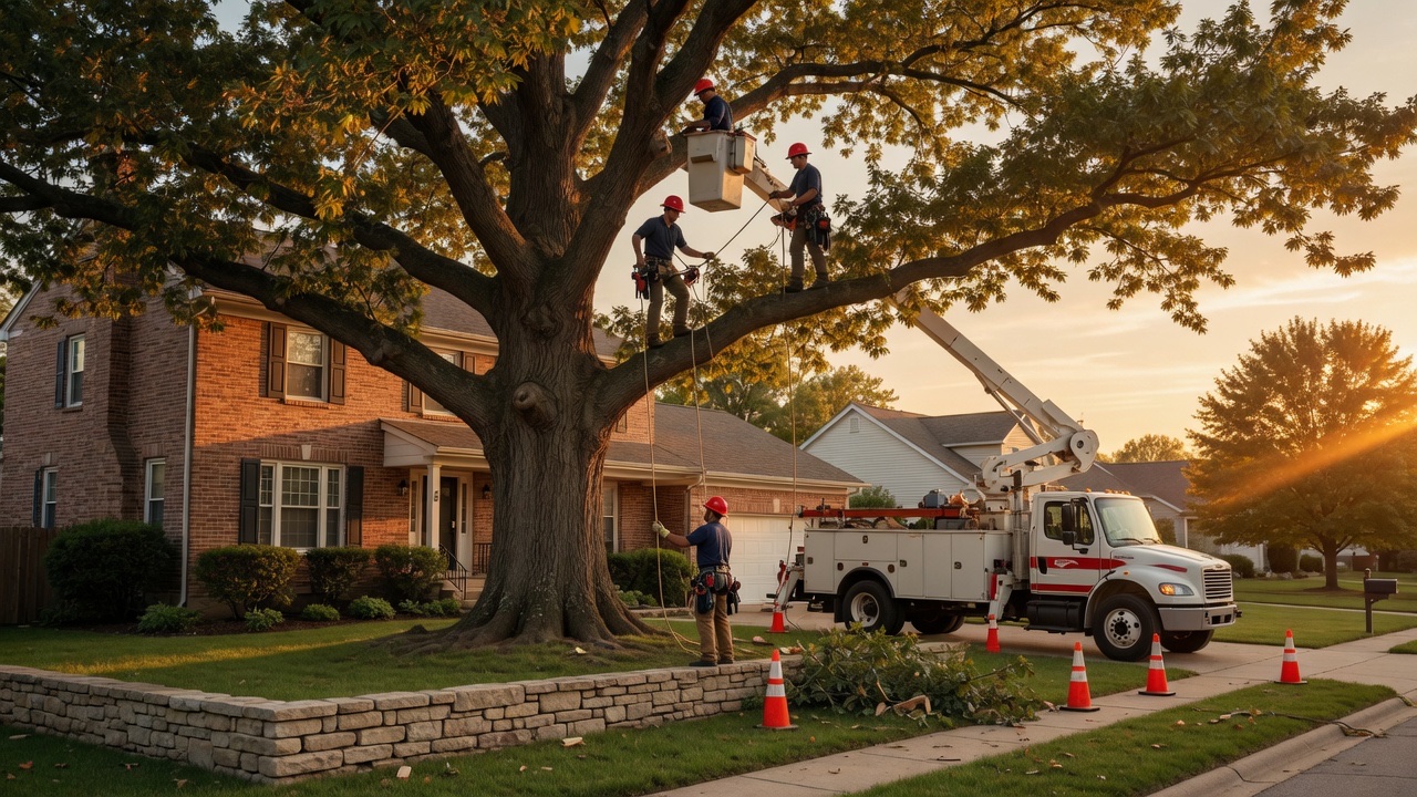 QB Tree Services crew working a large residential tree at sunset